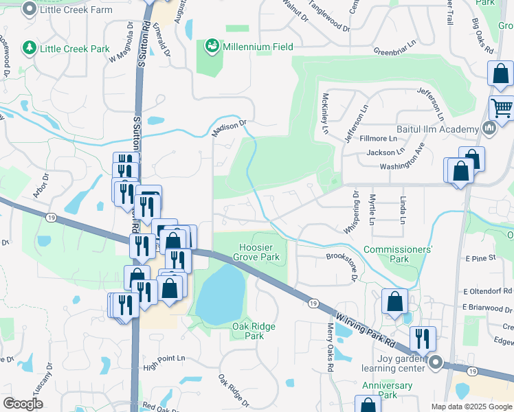 map of restaurants, bars, coffee shops, grocery stores, and more near 21 Adams Court in Streamwood