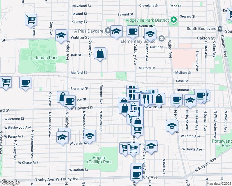 map of restaurants, bars, coffee shops, grocery stores, and more near 139 Ashland Avenue in Evanston