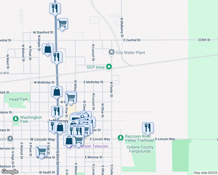 map of restaurants, bars, coffee shops, grocery stores, and more near 606 North Cedar Street in Jefferson