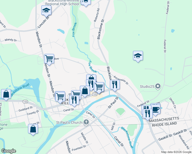 map of restaurants, bars, coffee shops, grocery stores, and more near 8 Reilly Avenue in Blackstone