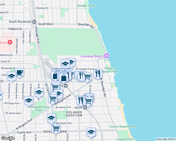 map of restaurants, bars, coffee shops, grocery stores, and more near 7652 North Greenview Avenue in Chicago