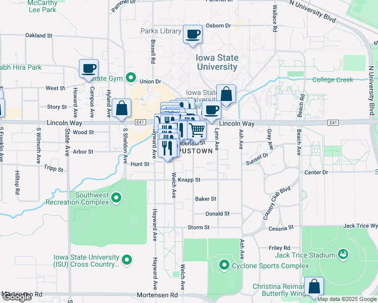 map of restaurants, bars, coffee shops, grocery stores, and more near 126 Welch Avenue in Ames