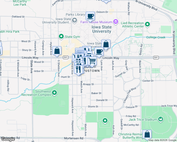 map of restaurants, bars, coffee shops, grocery stores, and more near 215 Stanton Avenue in Ames