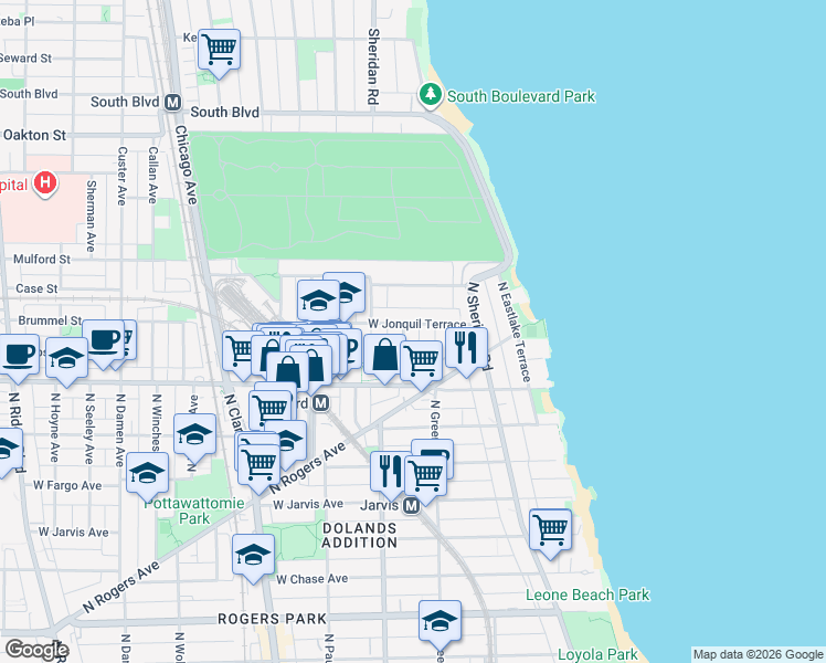 map of restaurants, bars, coffee shops, grocery stores, and more near 1517 West Jonquil Terrace in Chicago