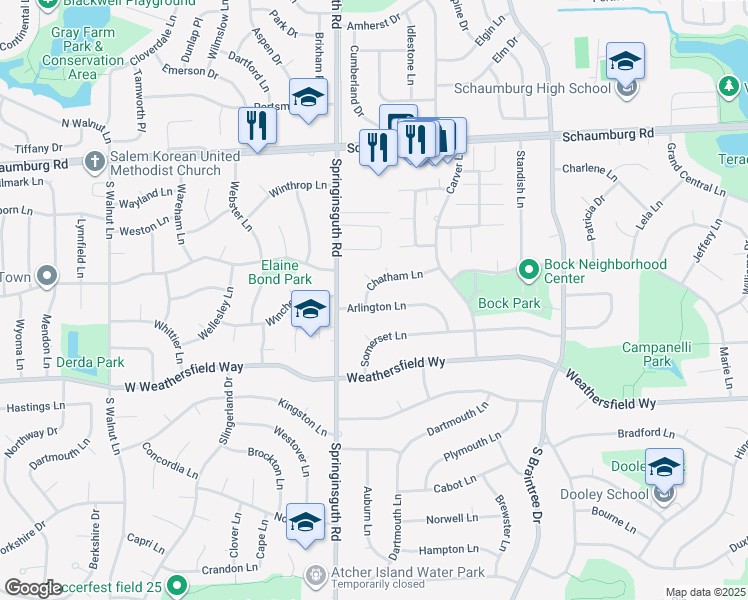 map of restaurants, bars, coffee shops, grocery stores, and more near 1512 Arlington Ln in Schaumburg