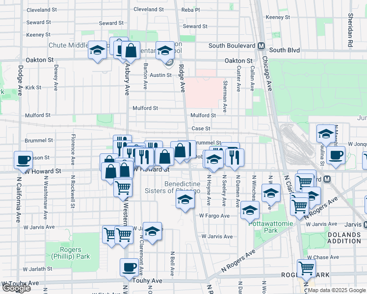 map of restaurants, bars, coffee shops, grocery stores, and more near 140 Ridge Avenue in Evanston