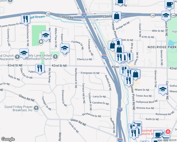 map of restaurants, bars, coffee shops, grocery stores, and more near 2158 Evergreen St NE in Cedar Rapids