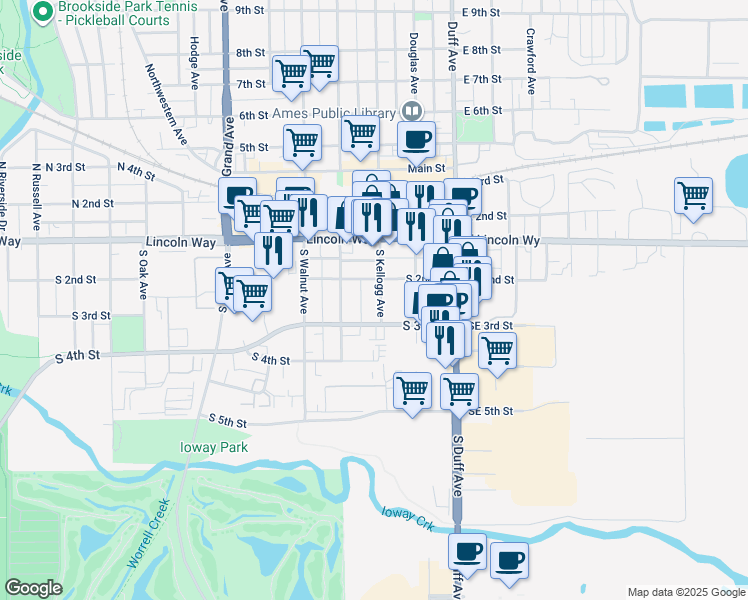 map of restaurants, bars, coffee shops, grocery stores, and more near 211 South Kellogg Avenue in Ames