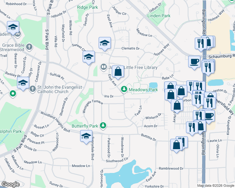 map of restaurants, bars, coffee shops, grocery stores, and more near 239 Iris Drive in Streamwood