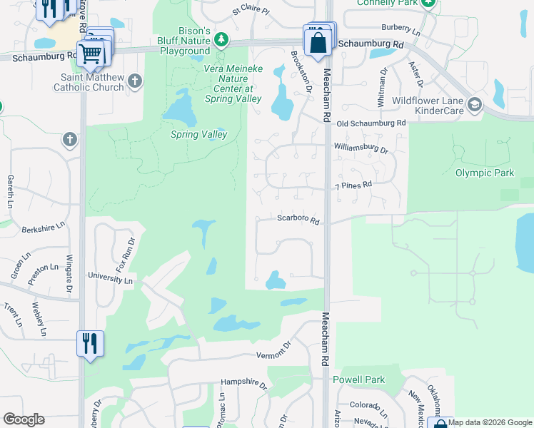 map of restaurants, bars, coffee shops, grocery stores, and more near 1340 Scarboro Road in Schaumburg