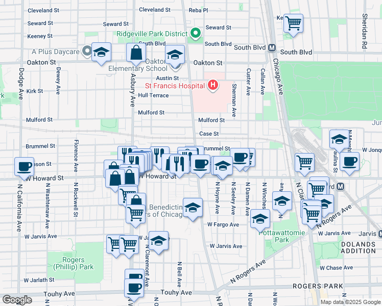 map of restaurants, bars, coffee shops, grocery stores, and more near 140 Ridge Avenue in Evanston