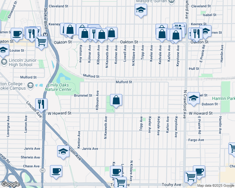 map of restaurants, bars, coffee shops, grocery stores, and more near 7701 Kostner Avenue in Skokie