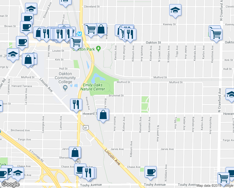 map of restaurants, bars, coffee shops, grocery stores, and more near 7701 Kenton Avenue in Skokie