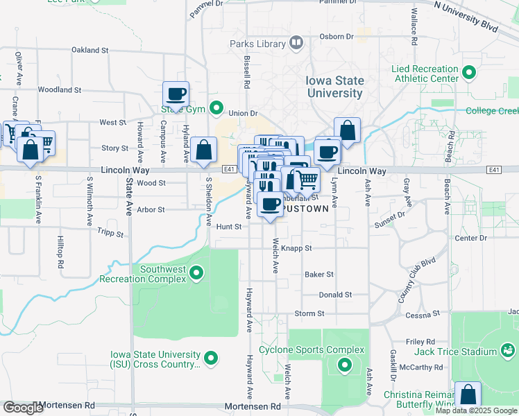 map of restaurants, bars, coffee shops, grocery stores, and more near 211 Chamberlain Place in Ames