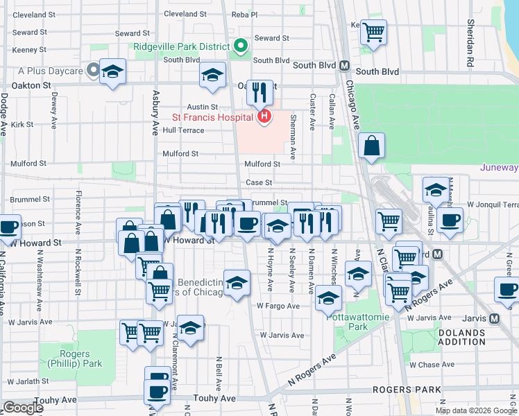 map of restaurants, bars, coffee shops, grocery stores, and more near 824 Brummel Street in Evanston
