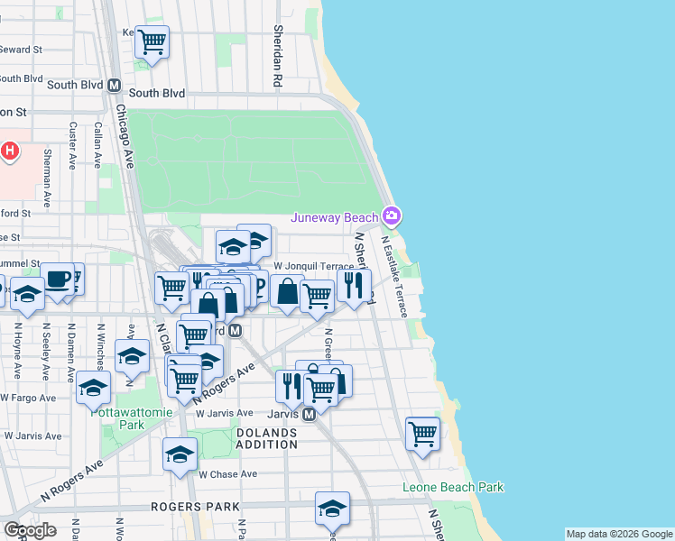 map of restaurants, bars, coffee shops, grocery stores, and more near 1421 West Jonquil Terrace in Chicago