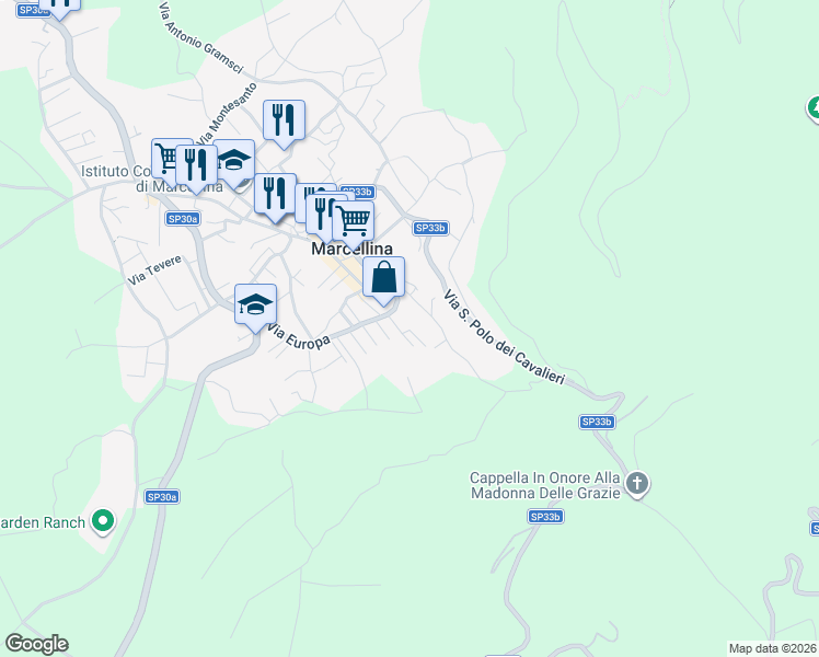 map of restaurants, bars, coffee shops, grocery stores, and more near 15 Via Giuseppe Verdi in Marcellina