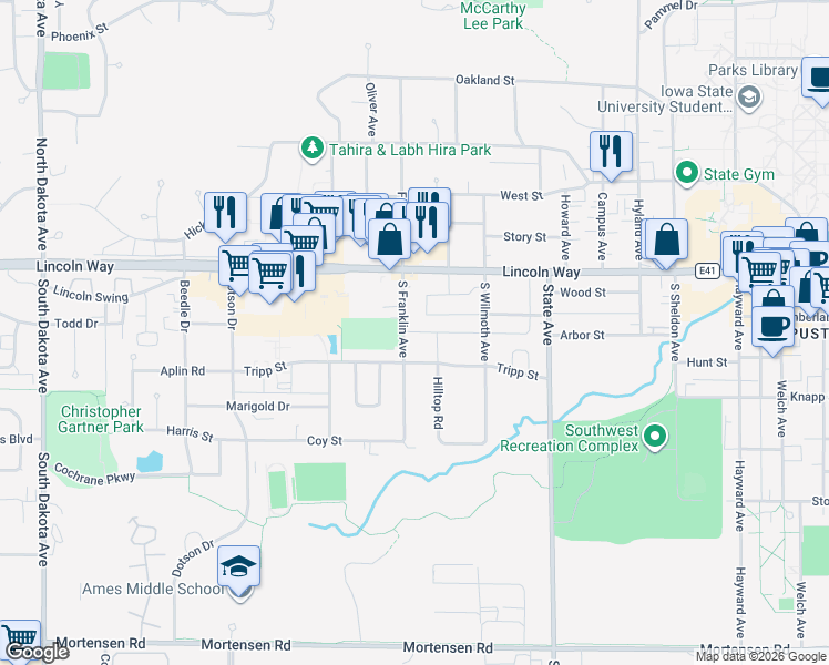 map of restaurants, bars, coffee shops, grocery stores, and more near 148 South Franklin Avenue in Ames