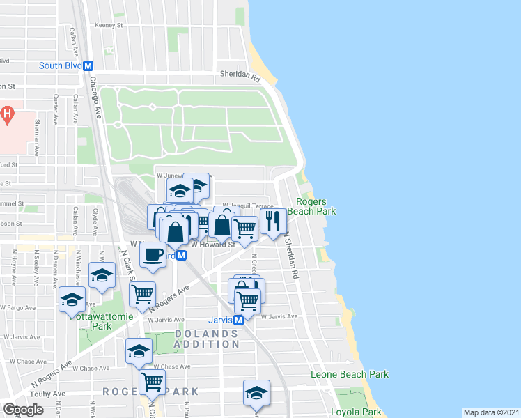 map of restaurants, bars, coffee shops, grocery stores, and more near 1421 West Jonquil Terrace in Chicago