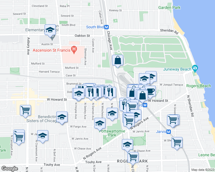 map of restaurants, bars, coffee shops, grocery stores, and more near 142 Clyde Avenue in Evanston