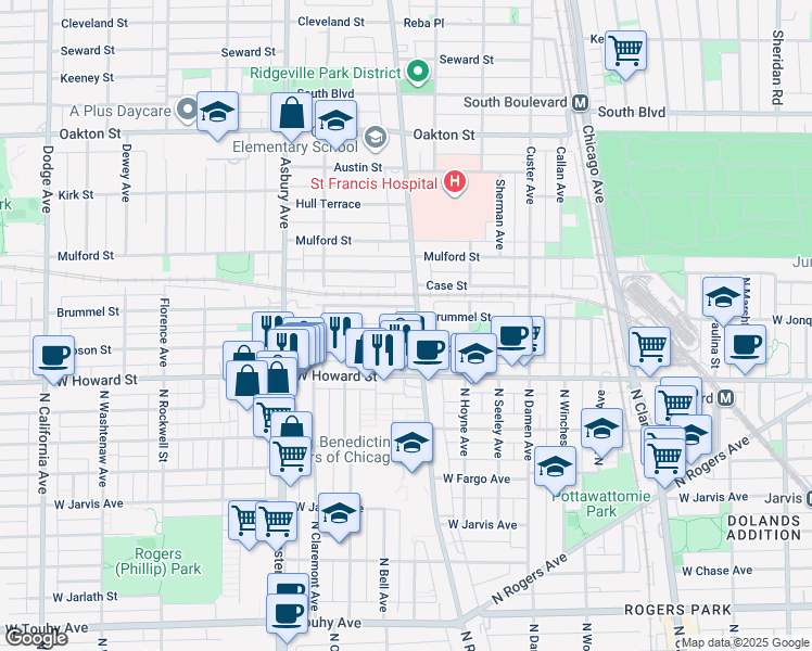 map of restaurants, bars, coffee shops, grocery stores, and more near 140 Ridge Avenue in Evanston
