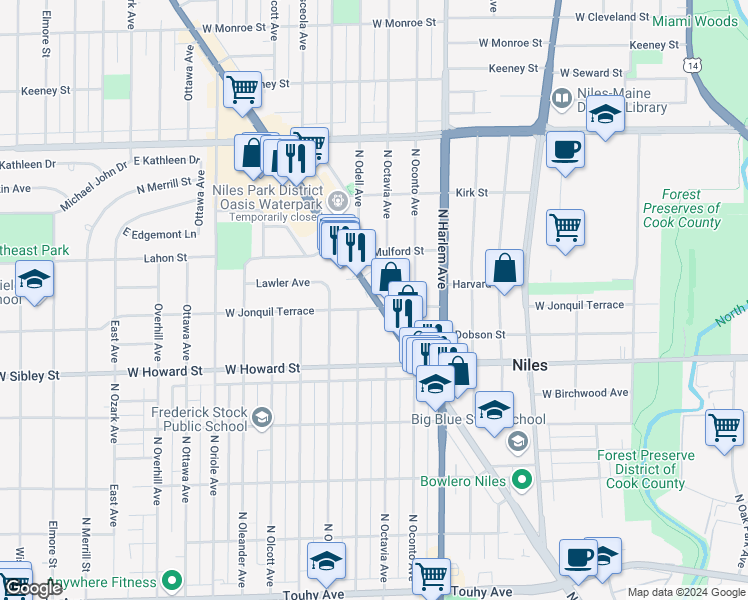 map of restaurants, bars, coffee shops, grocery stores, and more near 7700 North Milwaukee Avenue in Niles