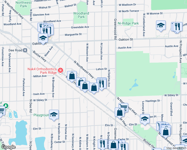 map of restaurants, bars, coffee shops, grocery stores, and more near 735 North Northwest Highway in Park Ridge