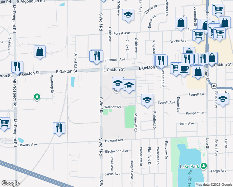 map of restaurants, bars, coffee shops, grocery stores, and more near 1755 South Wolf Road in Des Plaines