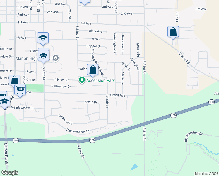 map of restaurants, bars, coffee shops, grocery stores, and more near 935 South 26th Street in Marion