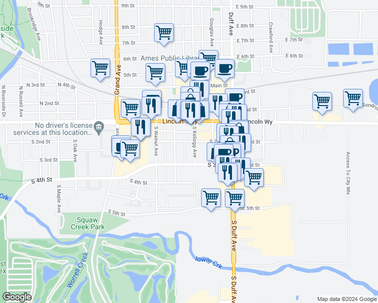 map of restaurants, bars, coffee shops, grocery stores, and more near 216 South Kellogg Avenue in Ames