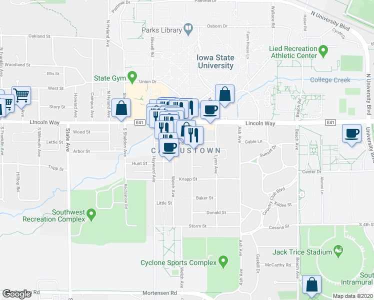 map of restaurants, bars, coffee shops, grocery stores, and more near 126 Welch Avenue in Ames
