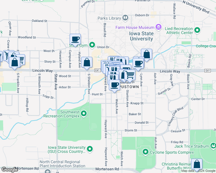 map of restaurants, bars, coffee shops, grocery stores, and more near 211 Chamberlain Place in Ames