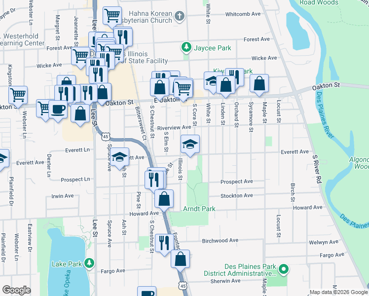 map of restaurants, bars, coffee shops, grocery stores, and more near 1777 Illinois Street in Des Plaines
