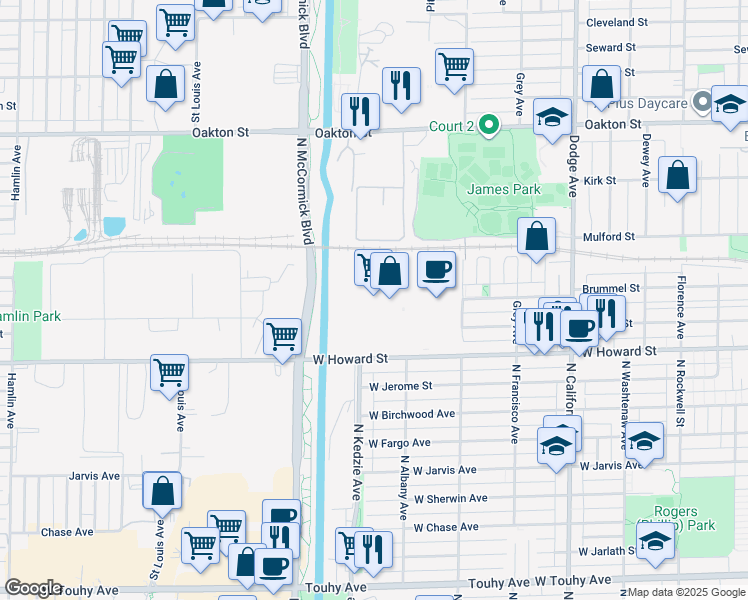 map of restaurants, bars, coffee shops, grocery stores, and more near 2485 Howard Street in Evanston