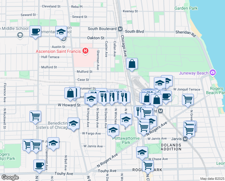 map of restaurants, bars, coffee shops, grocery stores, and more near 148 Callan Avenue in Evanston