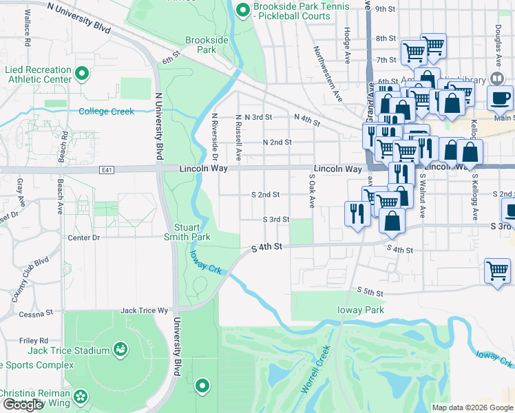 map of restaurants, bars, coffee shops, grocery stores, and more near 213 South Hazel Avenue in Ames