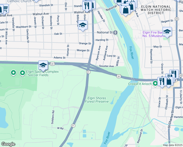map of restaurants, bars, coffee shops, grocery stores, and more near 595 South State Street in Elgin