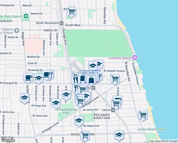 map of restaurants, bars, coffee shops, grocery stores, and more near 1705 West Jonquil Terrace in Chicago