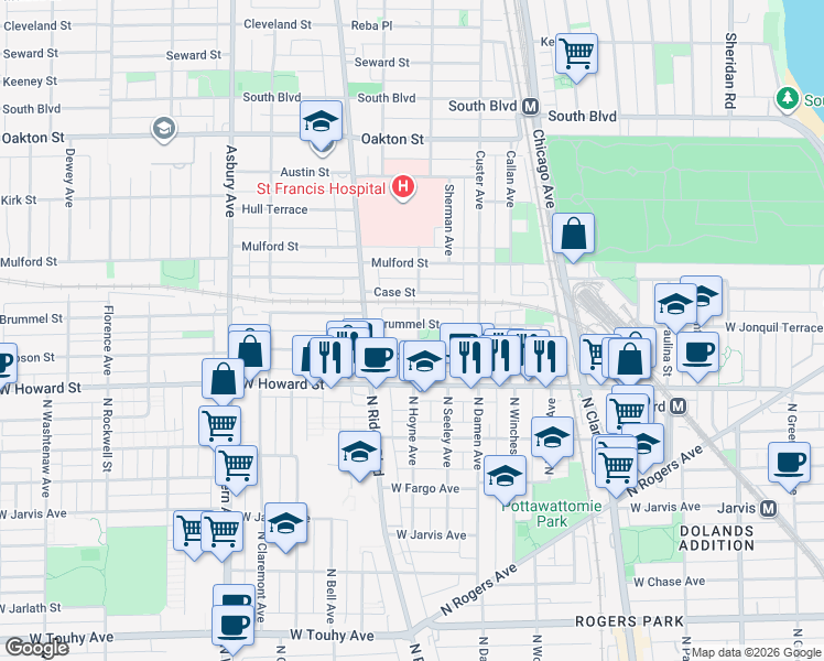 map of restaurants, bars, coffee shops, grocery stores, and more near 144 Elmwood Avenue in Evanston
