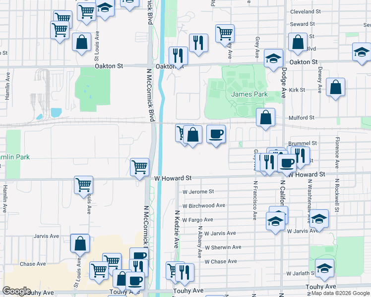 map of restaurants, bars, coffee shops, grocery stores, and more near 2485 Howard Street in Evanston
