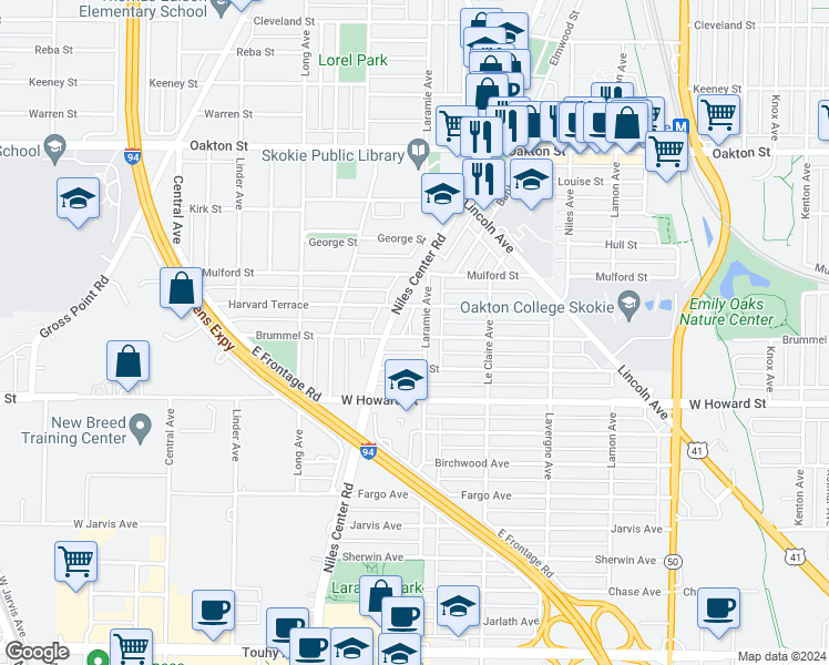 map of restaurants, bars, coffee shops, grocery stores, and more near 5200 Brummel Street in Skokie