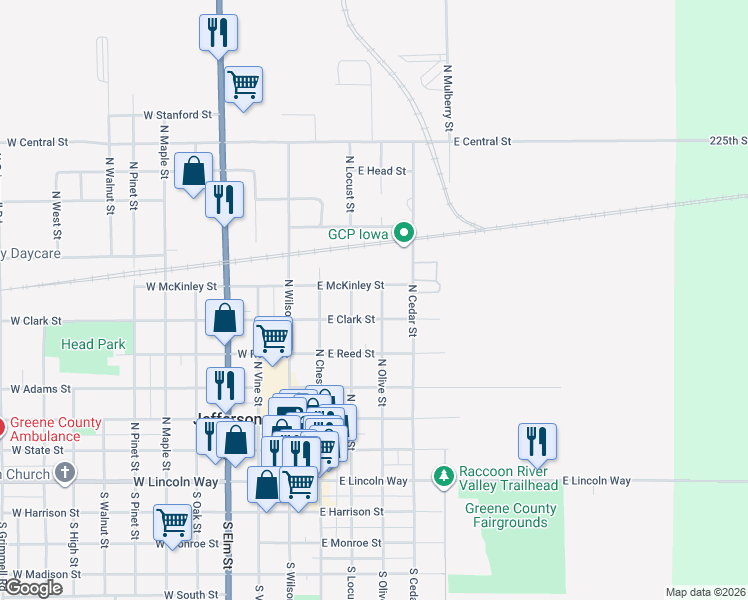 map of restaurants, bars, coffee shops, grocery stores, and more near 606 North Olive Street in Jefferson