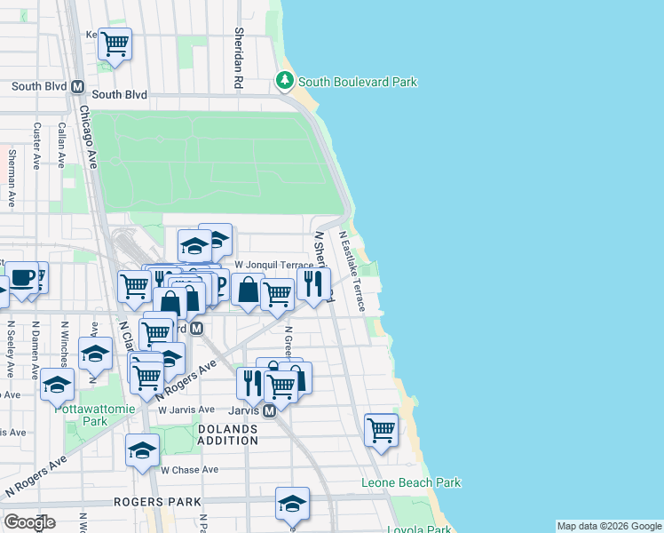 map of restaurants, bars, coffee shops, grocery stores, and more near 7657 North Sheridan Road in Chicago