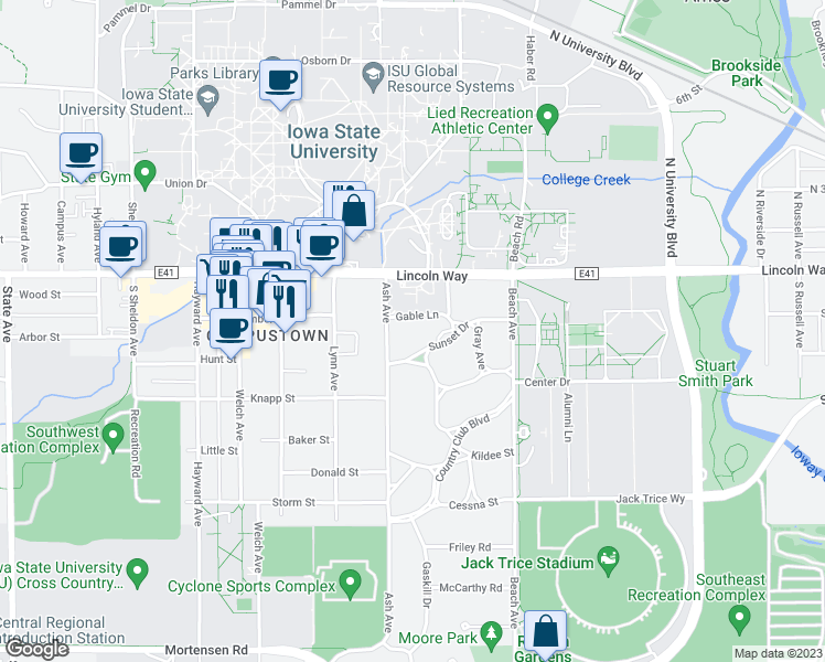 map of restaurants, bars, coffee shops, grocery stores, and more near 2126 Gable Ln in Ames