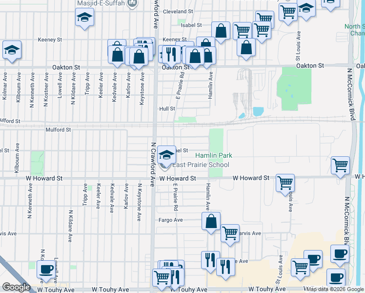 map of restaurants, bars, coffee shops, grocery stores, and more near 3860 Brummel Street in Skokie