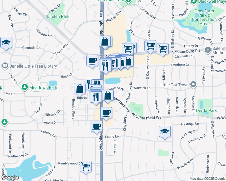 map of restaurants, bars, coffee shops, grocery stores, and more near 200 Columbia Court in Schaumburg