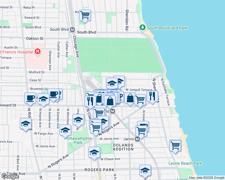 map of restaurants, bars, coffee shops, grocery stores, and more near 1997 West Jonquil Terrace in Chicago