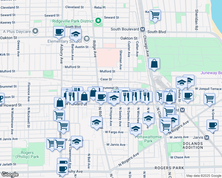 map of restaurants, bars, coffee shops, grocery stores, and more near 142 Elmwood Avenue in Evanston