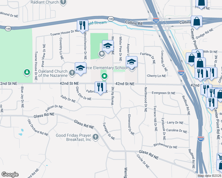 map of restaurants, bars, coffee shops, grocery stores, and more near 2508 Falbrook Drive Northeast in Cedar Rapids