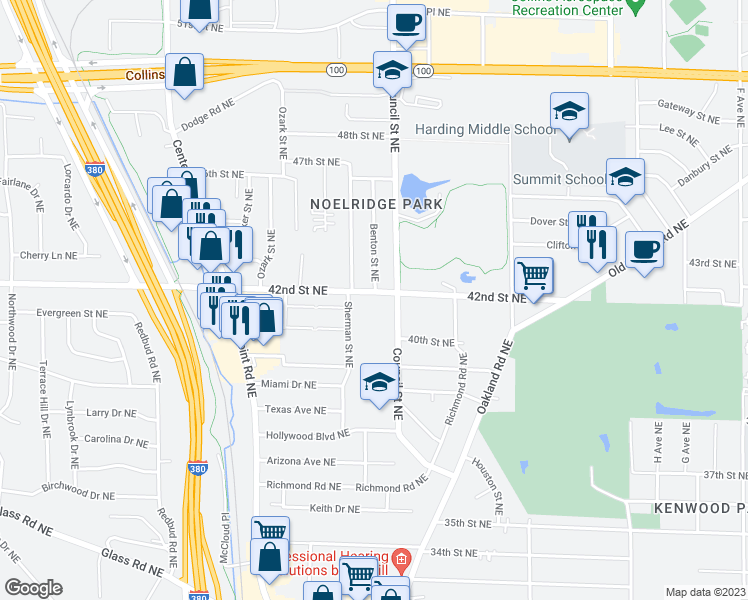 map of restaurants, bars, coffee shops, grocery stores, and more near 1515 42nd Street Northeast in Cedar Rapids